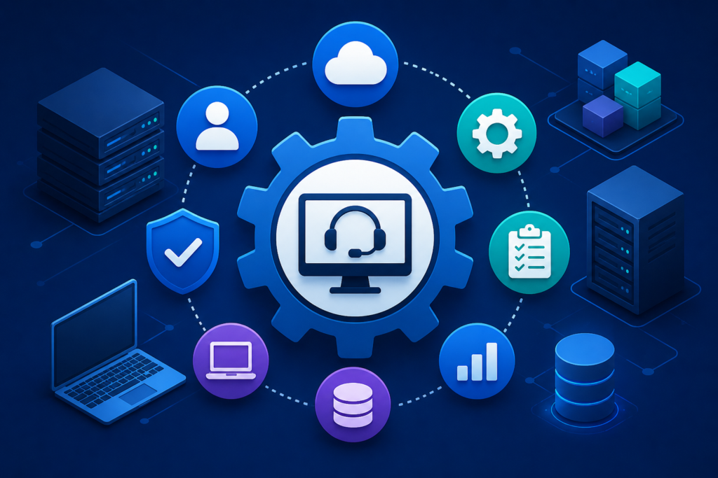 IT Service Management Framework illustration showing modern IT infrastructure with cloud computing, automation, analytics, and IT support system in 2025