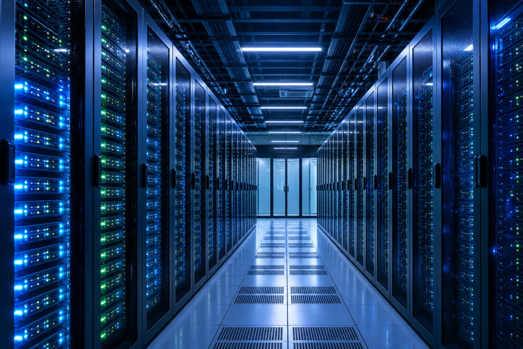 Data center modernization with scalable infrastructure showing modern server room and cloud-based IT systems