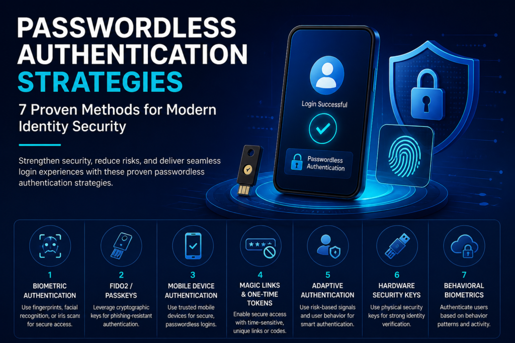 Passwordless authentication strategies infographic showing 7 proven methods for modern identity security including biometrics, FIDO2, mobile authentication, and adaptive security systems