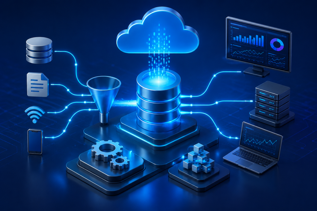 Data Engineering Transformation showing modern cloud-based big data architecture with real-time data pipelines, distributed systems, and scalable data processing