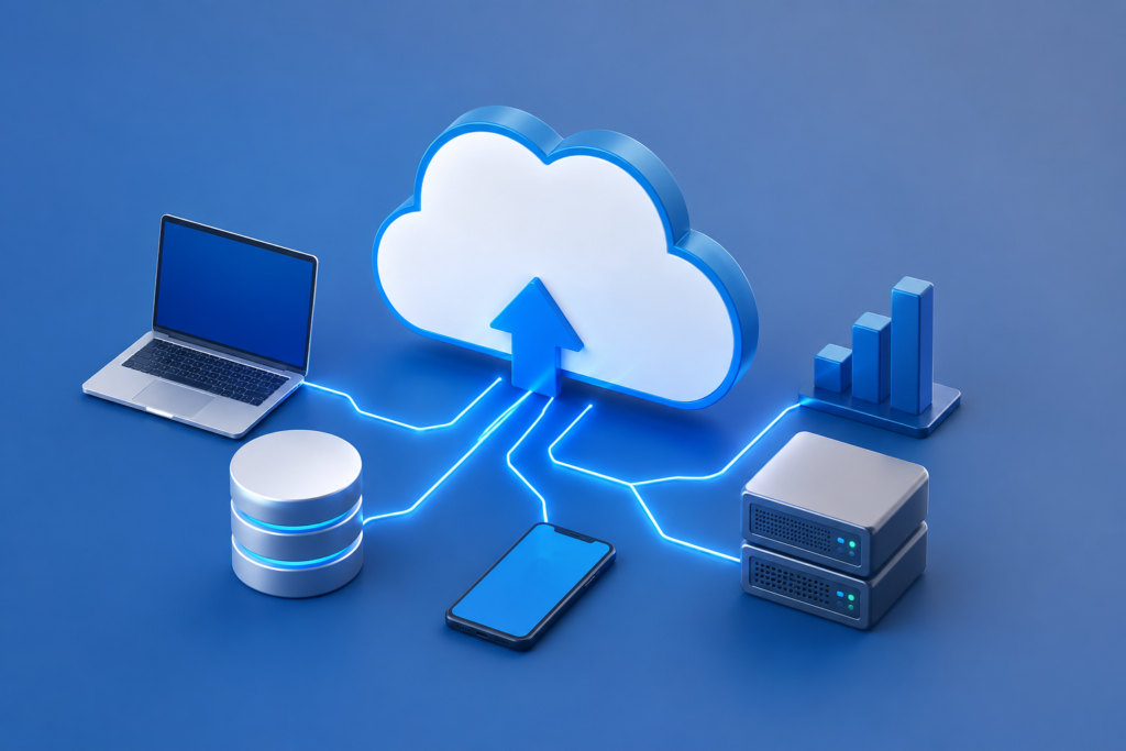 Cloud migration techniques illustration showing cloud infrastructure, servers, databases, and connected devices for high performance application deployment